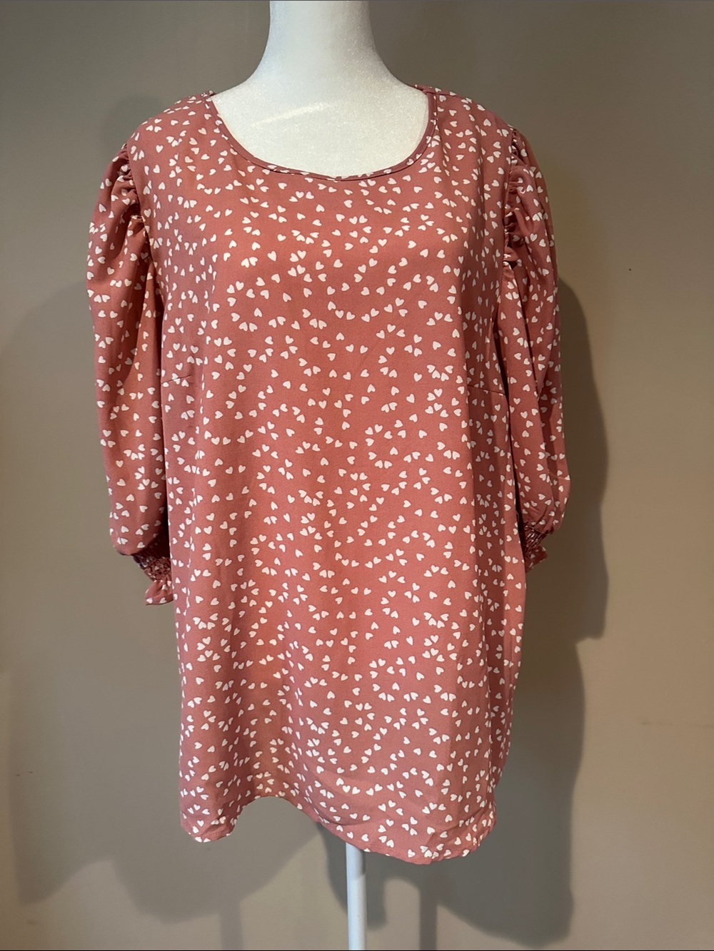 SHEIN Dusty Pink Heart-Print Puff-Sleeve Blouse
